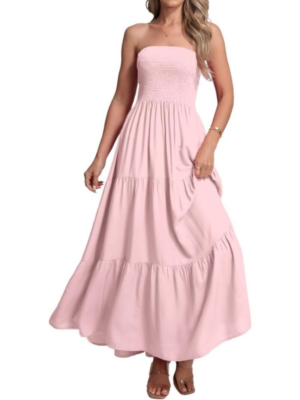 Women's Pink Flower Casual Off Shoulder Strapless Tube Top Beach Maxi Dress